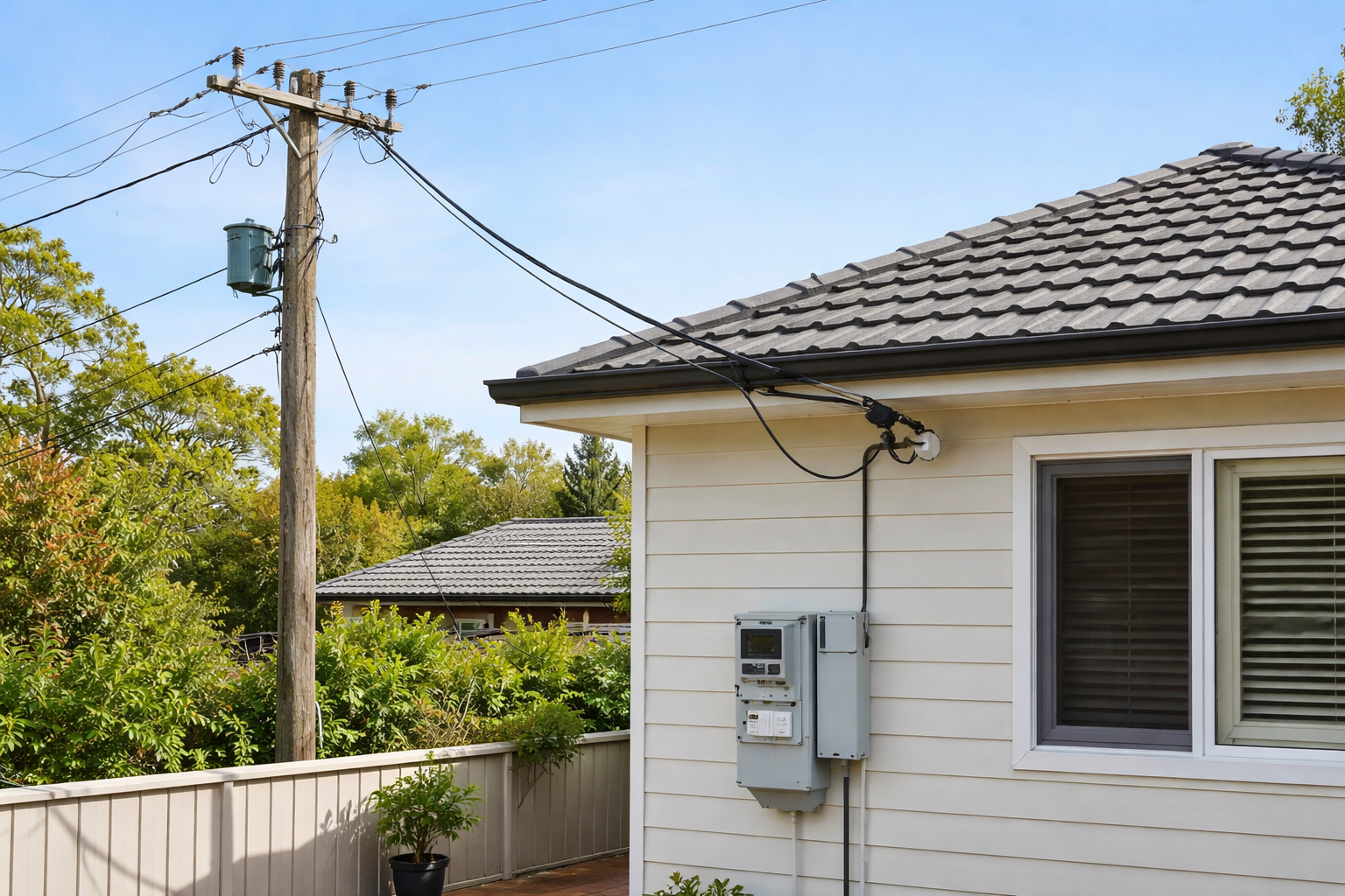 electrical service mains connecting a street power pole to a residential property in NSW
