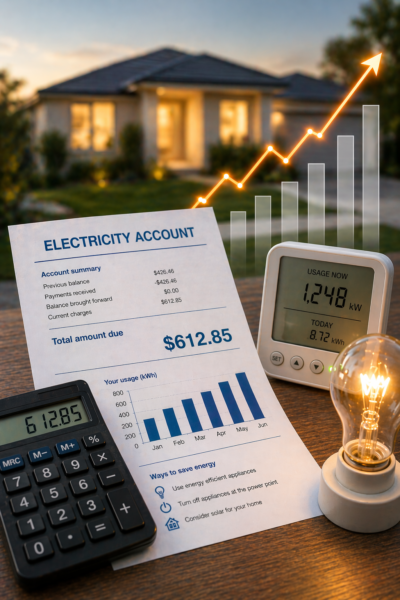 Electricity bill and energy monitor on a table with rising energy usage graph and blurred home in background