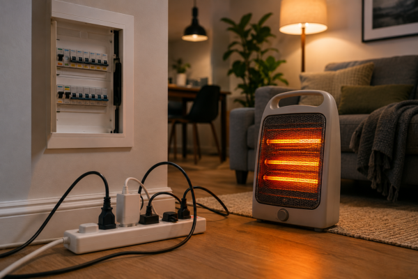 Portable electric heater running in a living room next to an overloaded power board and open switchboard panel