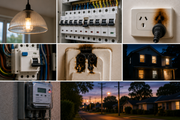 Common electrical problems including flickering lights, tripped circuit breakers, burnt power points, an RCD safety switch, and an electricity meter