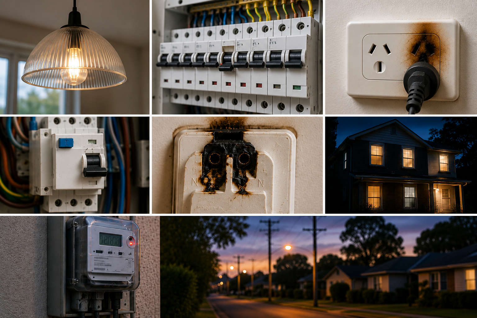 Common electrical problems including flickering lights, tripped circuit breakers, burnt power points, an RCD safety switch, and an electricity meter