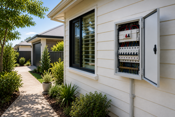 Modern residential switchboard with circuit breakers and safety switches