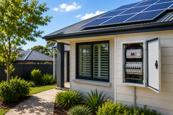 Australian home with solar panels and an open electrical switchboard