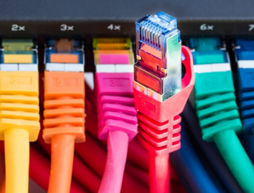 Colour-coded ethernet cables connected to a network switch and patch panel