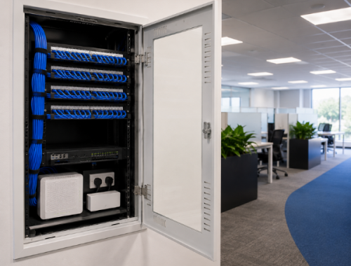 wall-mounted communications cabinet with organised patch panels and network equipment