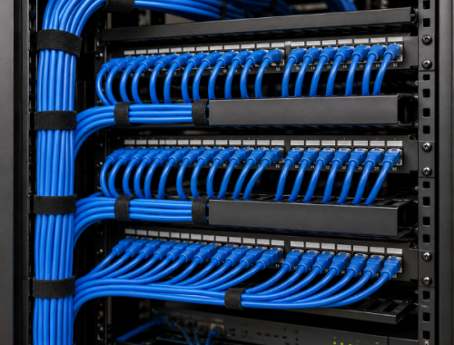 Neatly installed structured cabling inside a network rack for commercial data infrastructure