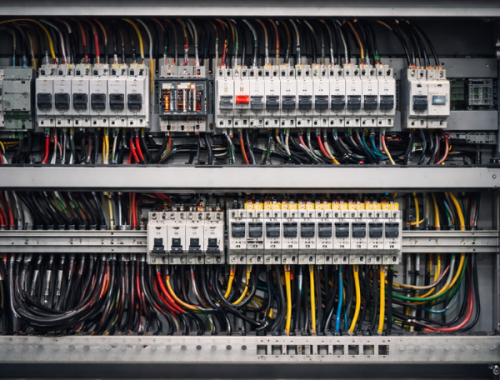 Industrial – Switchboards Industrial electrical switchboard Newcastle showing organised wiring and circuit breakers