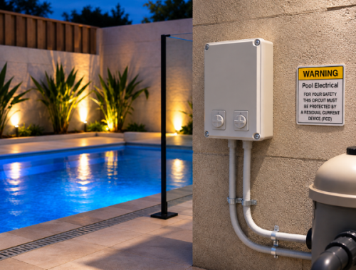 Residential – Pool Electrical Pool electrical equipment and weatherproof controls beside a residential swimming pool