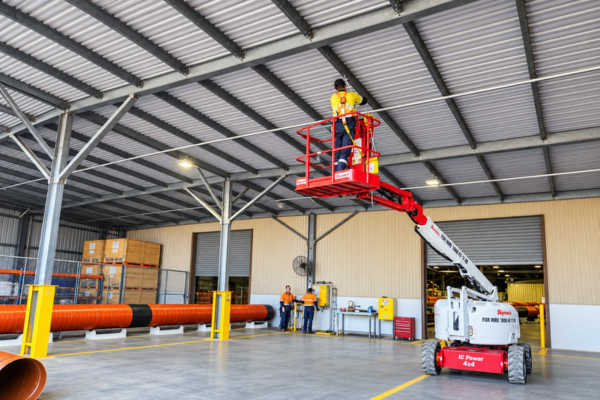 Powellect electrician working at height on industrial lighting inside a warehouse using an elevated work platform
