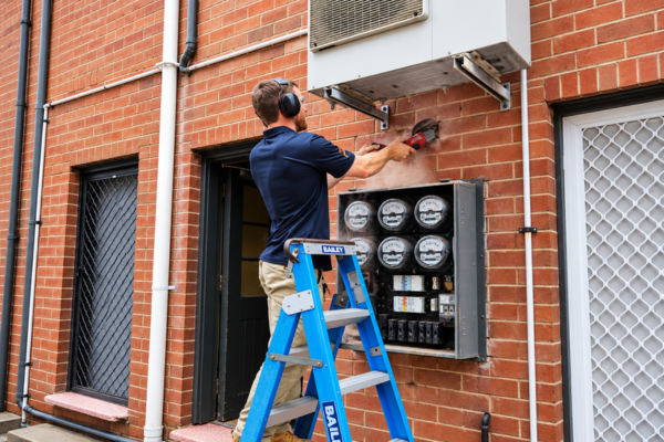 Powellect electrician using a power tool on an exterior brick wall above an electrical meter panel at a strata property