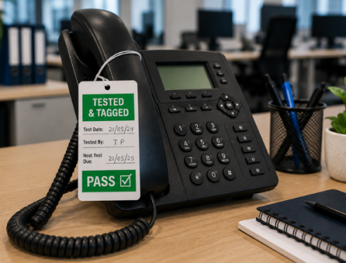 Test & Tag – 12 Months tested office telephone with an appliance testing and tagging label