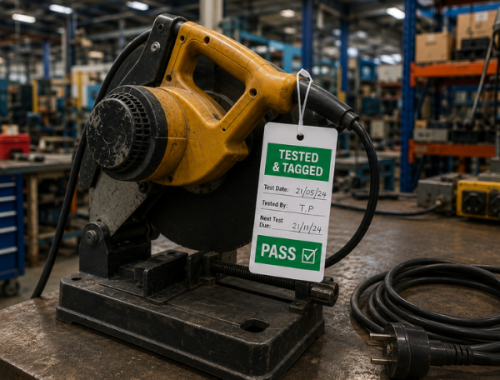 Test & Tag – 6 Months tested and tagged power tool in a factory or warehouse workshop