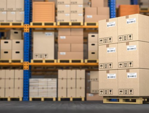 Warehouse or storage with cardboard boxes on a pallet. Logistics appliance testing electrician Appliance testing and tag electrician